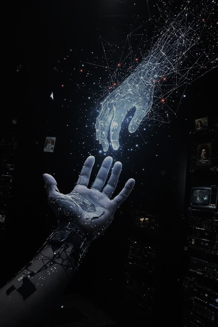 Human and digital hands reaching toward one another